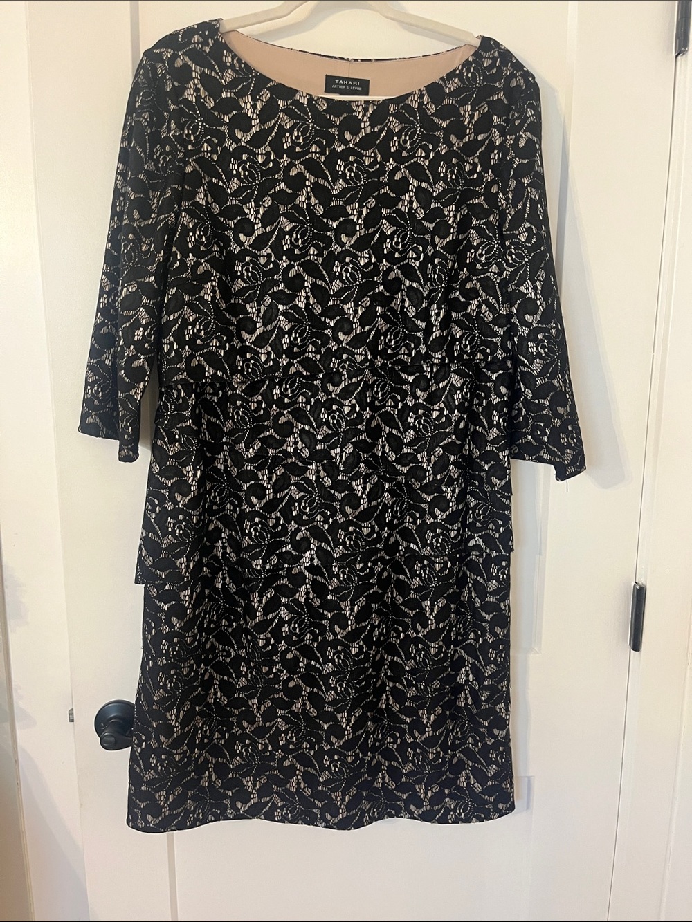 Tahari Black and Gold Floral Lace-Effect Midi Dress